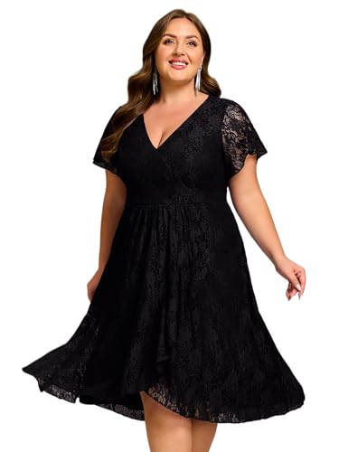 Image of Ever-Pretty Plus Women's Summer V Neck Short Ruffles Sleeves Lace Midi Plus Size Cocktail Party Formal Dresses