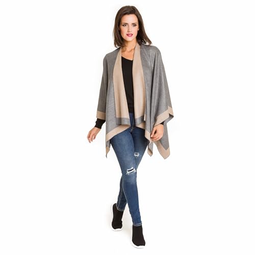 Cardigan Poncho Cape: Women Elegant Gray Beige Reversible Cardigan Shawl Wrap Sweater Coat for Winter (Light Gray Beige)