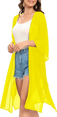 Image of Indian Trendy Women's Solid Puff Sleeve Kimono Long Cardigan Loose Cover Up Casual Blouse Top Chiffon