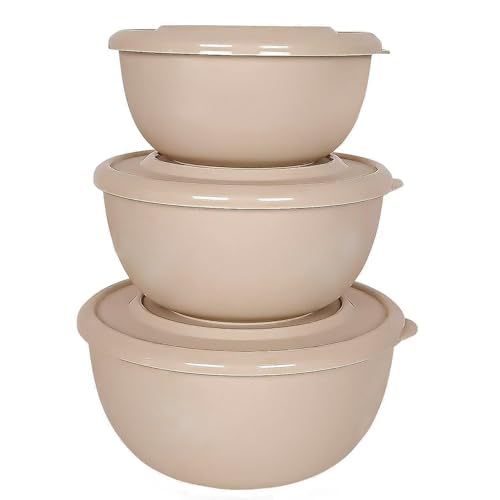 Image of Zaib Microsafe Stainless Steel Mixing Bowl Set of 3 with Airtight Lids, Microwave Safe Food Storage & Serving Containers, Capacity 500ml, 800ml, 1250ml (Classic Sand Brown)