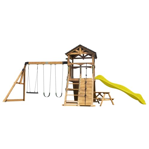 Backyard Discovery Endeavor II Cedar Wood Swing Set with Wave Slide, Play Deck, Double Rock Wall, Picnic Table, Climbing Wall, Belt Swings, Web Swing, Toy Telescope, Step Ladder, Outdoor Playset - image 2
