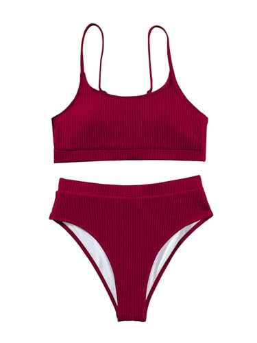 Image of Lilosy High Waisted Tummy Control Ribbed Bikini Crop Top Brazilian Swimsuit Set 2 Piece