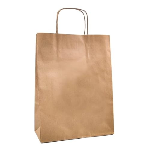 Raylu Paper®   Pack de 25 Bolsas de papel Kraft de colores con asas resistentes, bolsas de papel 100% reciclables para la compra, chuches o regalos (Marrón Kraft, Grandes (35x14x44 cm))