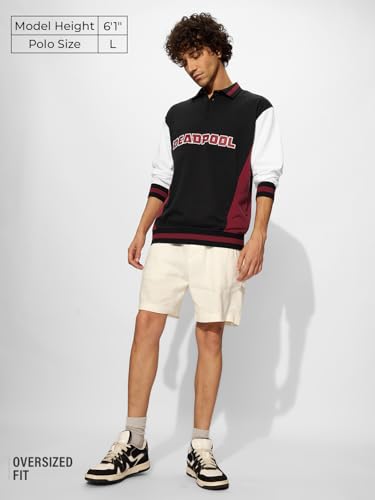 Image of The Souled Store Official Deadpool: The Anti-Hero Men and Boys Long Sleeves Collared Neck Multicolor Graphic Printed Cotton Oversized Rugby Polos