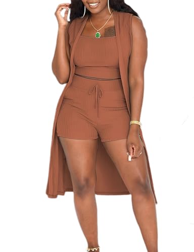 Aladeno Women 3 Piece Outfits Ribbed Sleeveless...