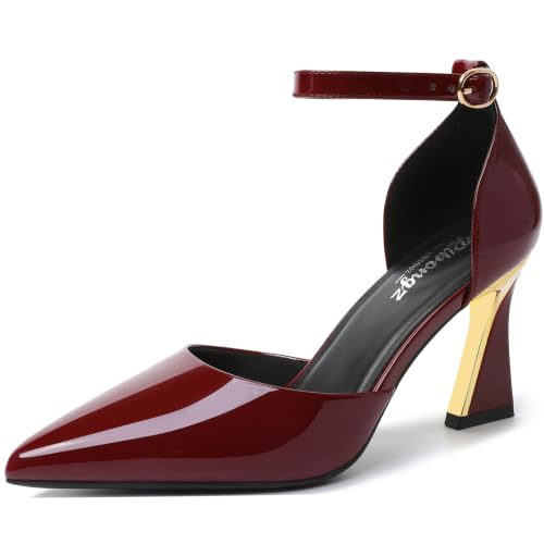 Image of RIBONGZ Comfortable Kitten Heels for Women Pointed Closed Toe Ankle Strap Buckle Heels Slip on Low Heel Church Pumps Wedding Bridal Party Dressy Shoes