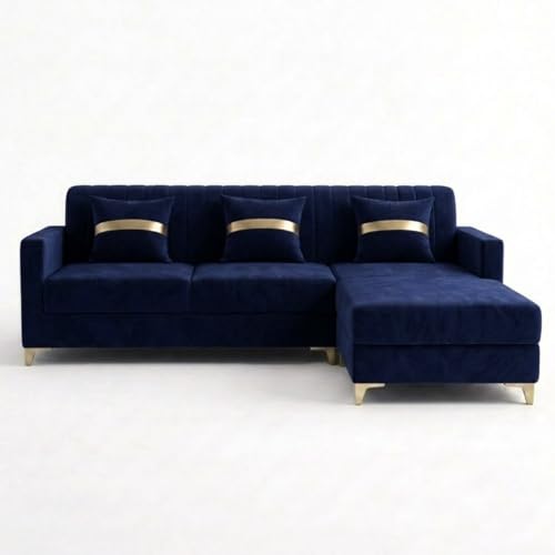 Image of CASASTYLE Groovy 4 Seater L Shape Sofa Set with Movable Ottoman | Flexible Left or Right Layout | Cozy Velvet Fabric | Soft Touch Seating | Modern Designer Sofa for Living Room (Dark Blue)