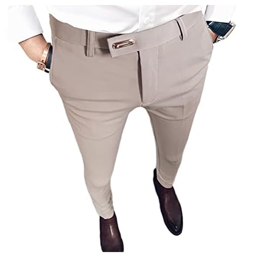 Onsoyours Pantalon de Costume Hommes Chino Pantalon Slim Fit Rayé Casual Élastique Pantalon à Carreaux Business Pantalon Décontracté avec Boucle en métal A Kaki M