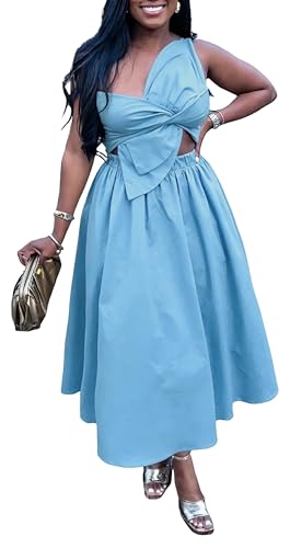Image of YUEWOO Midi Dresses for Women Casual Summer Sundresses Vacation Outfits Spaghetti Strap Smocked Women Maxi Dress with Pockets