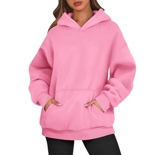 Hoodie Damen Kapuzenpullover Oversize Casual Pullover Sweatshirt Langarm Baumwolle Pulli Herbst Winter Basic Hoody mit Tasche,Pink,L