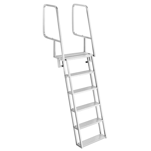 VEVOR Flip-Up Dock Ladder, 6-Step, Heavy-Duty Aluminum Alloy Pontoon Boat Swim Ladder, with Non-Slip Wide Steps, 350 lbs Weight Capacity, Pull Rope Assist, Comfort Use for Lake Pool Marine Boarding