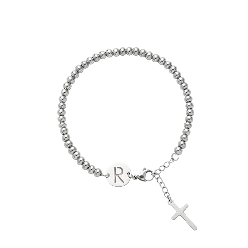Image of Initial Cross Silvery Bracelets for Women Trendy, Initials Cross Charm Beaded Bracelet, Christian Gifts for Women, Baptism Confirmation Christmas Inspirational Gifts for Mom Daughter Friend Sister