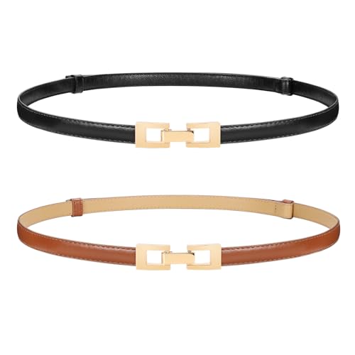 WERFORU Women 2 Pack Skinny Belt for Dress,Thin Waist Belt Adjustable Leather Belt with Gold/Silver Buckle