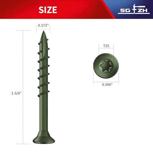 Image of #8 x 1-5 /8 inch Deck Screws (138Pcs) 1lb. Exterior Wood Screws. Carbon Steel, Green, Flat Head, Rust Resistant epoxy Coated, with T25 Star Bit
