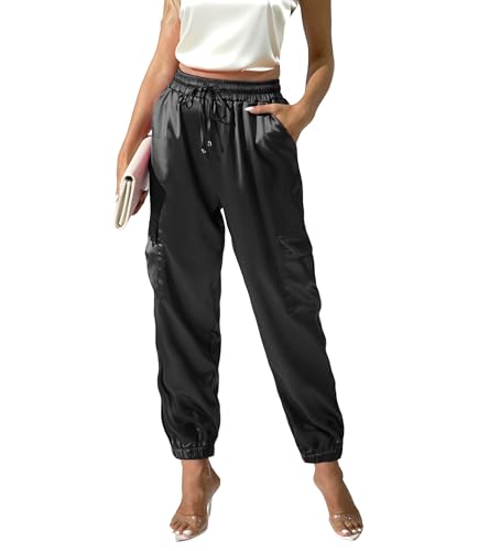 Damen Satin Cargo-Jogginghose mit mehreren Taschen, hoher Taille, seidig glänzende Hose für Party, Nachtclub, Straßen-Outfit, Schwarz, Groß