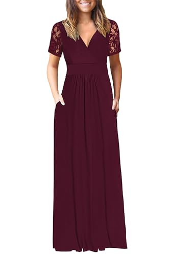 AUSELILY Womens Maxi Dress 2025 Summer Lace Short Sleeve V Neck Wrap Waist Long Dresses with Pockets