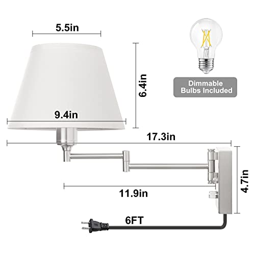 Image of TRLIFE Wall Sconce Plug in, Dimmable Wall Sconces Set of 2 Brushed Nickel Swing Arm Wall Lights with Plug in Cord and On /Off Dimmer Rotary Switch, 9.4 inch Medium White Fabric Shade(2 Pack, 2 Bulbs)