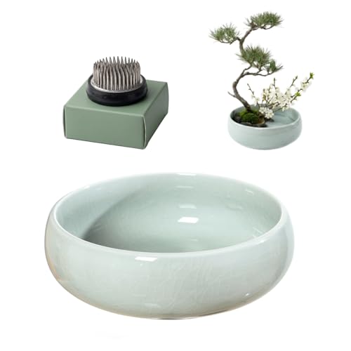 FLARINGEXTRA1 Water Lotus Bowl Planter Kit - Japanese Compote Bowl Ikebana Vase Set w/ 1.8 Floral Frog- Ideal for Ikebana Flower Arrangement & Hydroponic Planting (Ice Crackle Celadon)