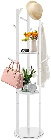 SEANTUA Rotary Coat Rack Stand, Wooden Tree Coat Rack Stand with 3 Storage Shelves, 2 Tiers Storage Display Shelf and 9 Hooks for Office Entryway Bedroom Hall, Hanging Coats, Jackets, Hats (White)