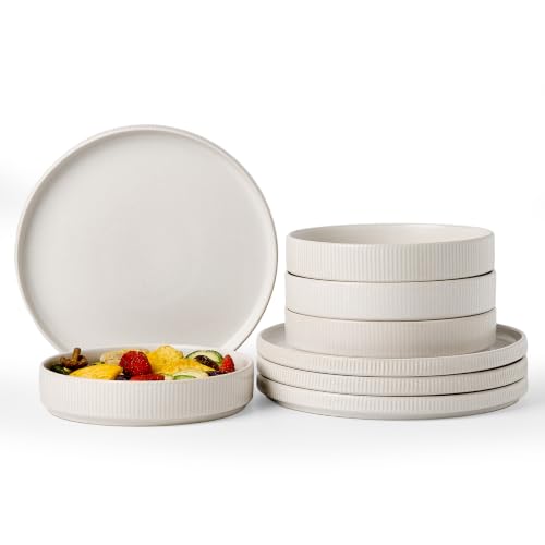 Image of Famiware Star 8-Piece Stoneware Dinnerware Sets for 4 - 23 oz Shallow Pasta Bowls and 10.5 inch Flat Dinner Plates, High Edge Dishes, Chip & Scratch Resistant, Microwave & Dishwasher Safe, Matte White