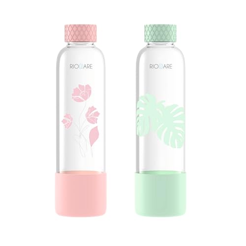 Image of Rioware Purifa Pro Borosilicate Glass Water Bottle With Silicon Sleeve (750Ml) | Airtight Lid | Leak Proof | Silicon Cap | Fridge Water Bottles For Home, Office & Gym -Pack Of 02, Pink&Green