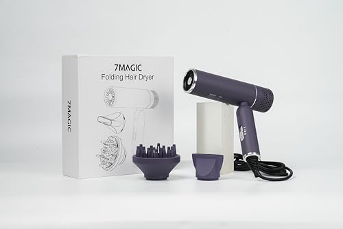 7MAGIC Asciugacapelli con diffusore, asciugacapelli da viaggio, pieghevole, 30% asciugatura rapida, 300 milioni di ioni, protezione per capelli al 99%, protezione contro il surriscaldamento, 1600 W