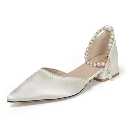 Women's 1 Inch Beige Satin Heels with Pearl Ankle Strap Pointy Closed Toe Low Block Chunky Pumps Comfort White Wedding Dress Sandal Shoes for Bride Guest Party