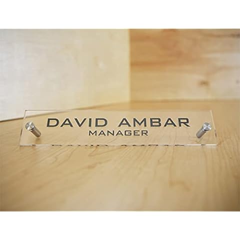 Printex Design - Personalized Office DESK Name Plate & Sign. Modern Stainless Steel Legs - 4 Plate Colors (Clear See Through) Cover