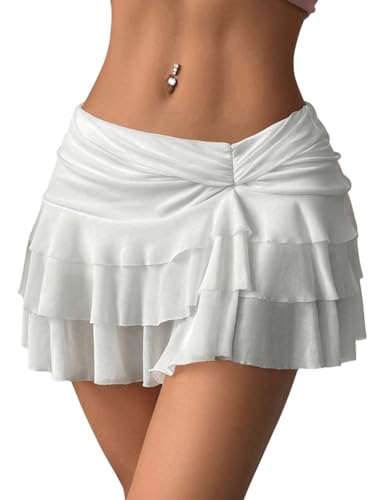 SHENHE Women's Low Rise Ruffle Mini Skirt Ruched Layered Flowy Y2k Coquette Short Skirt
