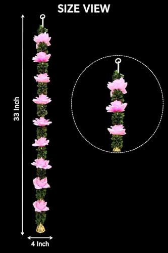 Image of Rajasthan Kraft Artificial Pack of 4, Flower Wall Hanging for Home Decoration | 33 * 4 Inch Pink Floral Hanging with Green Leaves, Decorative Wall Hanging for Diwali, Wedding, Mandir & Living Room