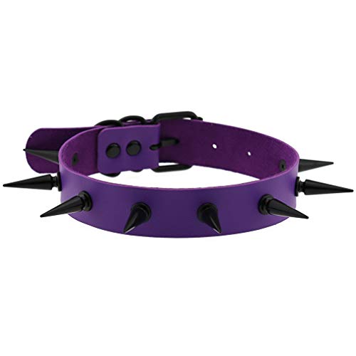 FM FM42 Purple Simulated Leather PU Black-tone Spikes Rivets Punk Rock Gothic Choker Collar Necklace PN2839
