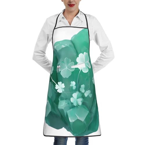 KINGNOYI Emerald Clover Crystalwater And Oil Resistant Adjustable Cooking Apron With Pocket For Kitchen Gardening,For Women Men