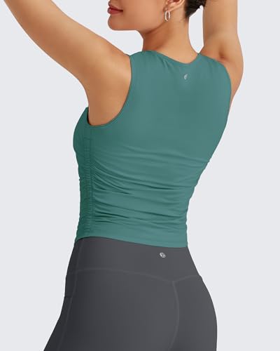 Image of G4Free Skimetic Workout Tank Tops for Women Side Ruched Sleeveless High Neck Crop Top Summer Athletic Gym Shirts