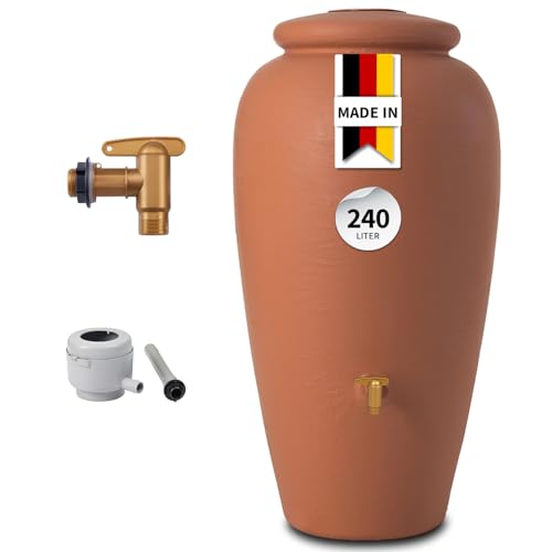 GARANTIA AMPHORE Regentonne Set 240 Liter Terrakotta – Wassertank mit Auslaufhahn + Fallrohranschluss – Frostsicherer Regenwassertank/Regenwassertonne – Wassertonne für Garten – Wasserfass Dekor