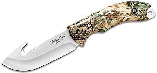 Camillus 19834 Veil Messer mit Haken, inklusive ballistischer Nylonscheide, 10,2 cm Titanium Bonded 420 Stahlklinge, PRYM1 Griff, Silber/Tarnfarben, 22,9 cm