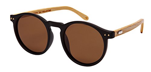 Edge I-Wear Round Horn Rimed Bamboo Sunglasses Wood Women Polarized Lens 541006BM-FLP