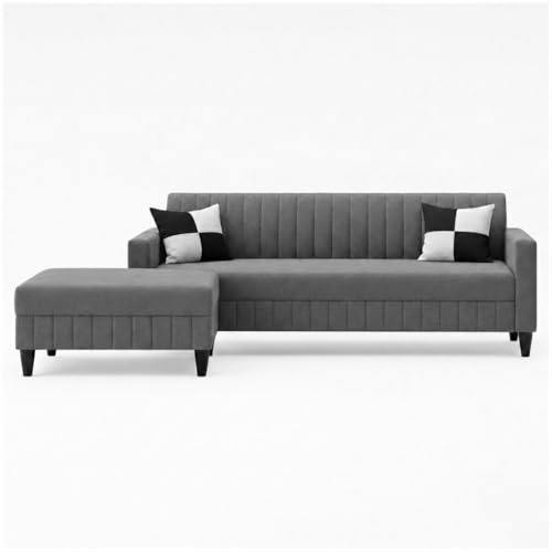 Image of FURNY Gracina 4 Seater L Shape Sofa Set with Movable Ottoman | Flexible Left or Right Layout | Plush Velvet Fabric (Dark Grey) | Perfect for Living Room, Guest Room & Office