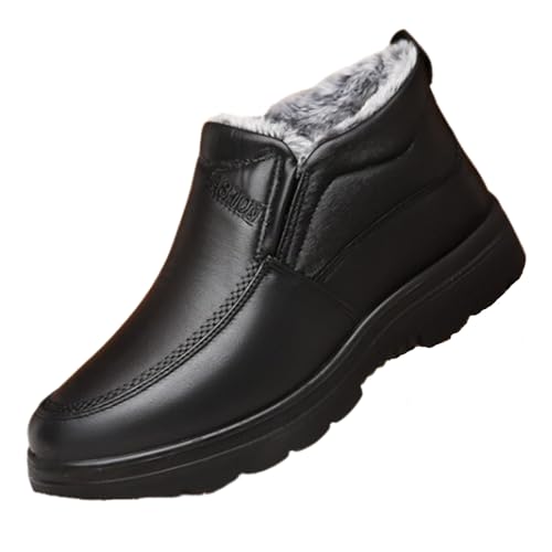 Men's Waterproof Thickened Warm Fur Lined Winter Boots,Outdoor Anti-Slip Middle-Aged and Elderly Comfortable Slip-on Snow Booties High Top Thick Sole Cotton Shoes