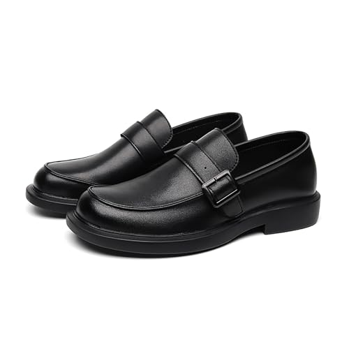 Men's Leather Dress Slip-on Penny Loafers Black Round Toe Business Formal Shoes with Adjustable Buckle for Casual Outdoor Daily