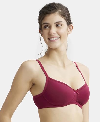 Image of Jockey 1723 Women Wirefree Padded Super Combed Cotton Elastane Stretch Medium Coverage T-Shirt Bra with Lace Styling