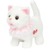 Easfan 7' Walking Plush Kitty Toy Stuffed Animal Electric Interactive with Dress Talking Musical Cute Plush Toy White Cat Tail Wagging Christmas Birthday Gifts for Kids Toddlers