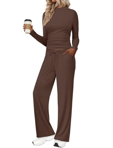 SAMPEEL Two Piece Lounge Set for Women 2 Piece Fall Outfits 2025 Mock Neck Ruched Tops Wide Leg Pants Travel Airport2