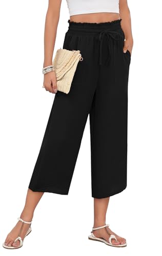 LAOLASI Womens Capri Pants Casual High Waisted Wide Leg Lounge Pants Drawstring Loose Palazzo Pants Trousers with Pockets2