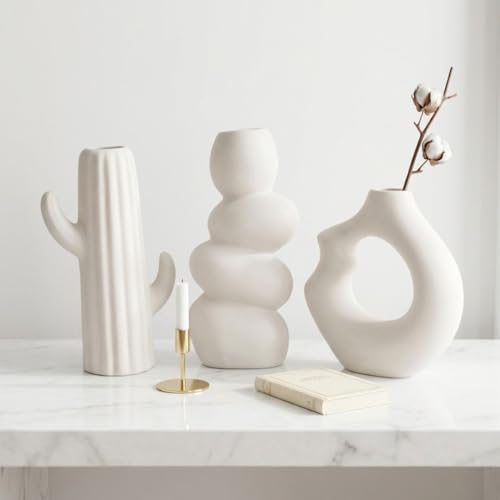 Image of Modern Ceramic Vase Set of 3 | Nordic Minimalist Donut & Abstract Design Flower Vases | Matte White Home Decor for Living Room, Table, Shelf, Office | Pampas & Dried Flower Vase