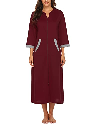 Image of Ekouaer Women Zipper Robe 3 /4 Sleeves Loungewear Dress Full Length Sleepwear Pockets Housecoat Nightgown Long Bathrobe