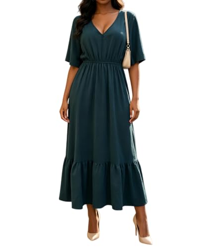 Image of Women's Summer Short Sleeve Maxi Floral Flowy Dresses with Pockets