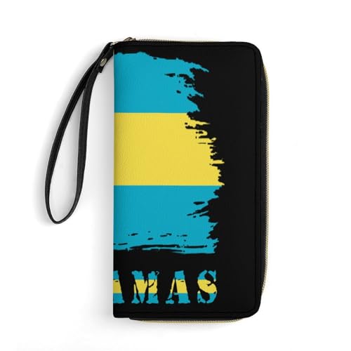 generic Vintage Bahamas Bahamian Flag Leather Wallet for Womens Men, Patriotic Flag PU Zip Wallet with String Around Long Large Purse Coin Card Holder Ladies Billfold, 19.7x10.5cm