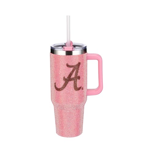Image of The Memory Company NCAA Pink Bling 40oz Stainless Steel Water Tumbler, Double Wall Vacuum Insulated Game Day Bottle, Rhinestone Design with Handle Lid and Straw