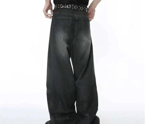 Men Distressed Vintage Washed Denim Pants Stripe Straight Fit Loose Wide Leg Trousers Streetwear3