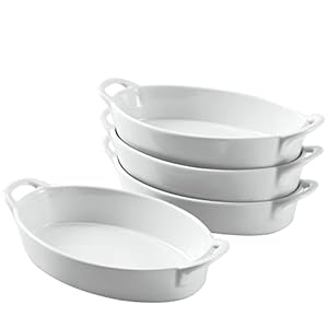 Bruntmor 8 x 5 inch Oval Porcelain Ceramic Deep Dish Au Gratin Pan Set of 4, Dual Handle Au Gratin Baking Dishes, Oven Safe Roasting Lasagna Pan For kitchen- White